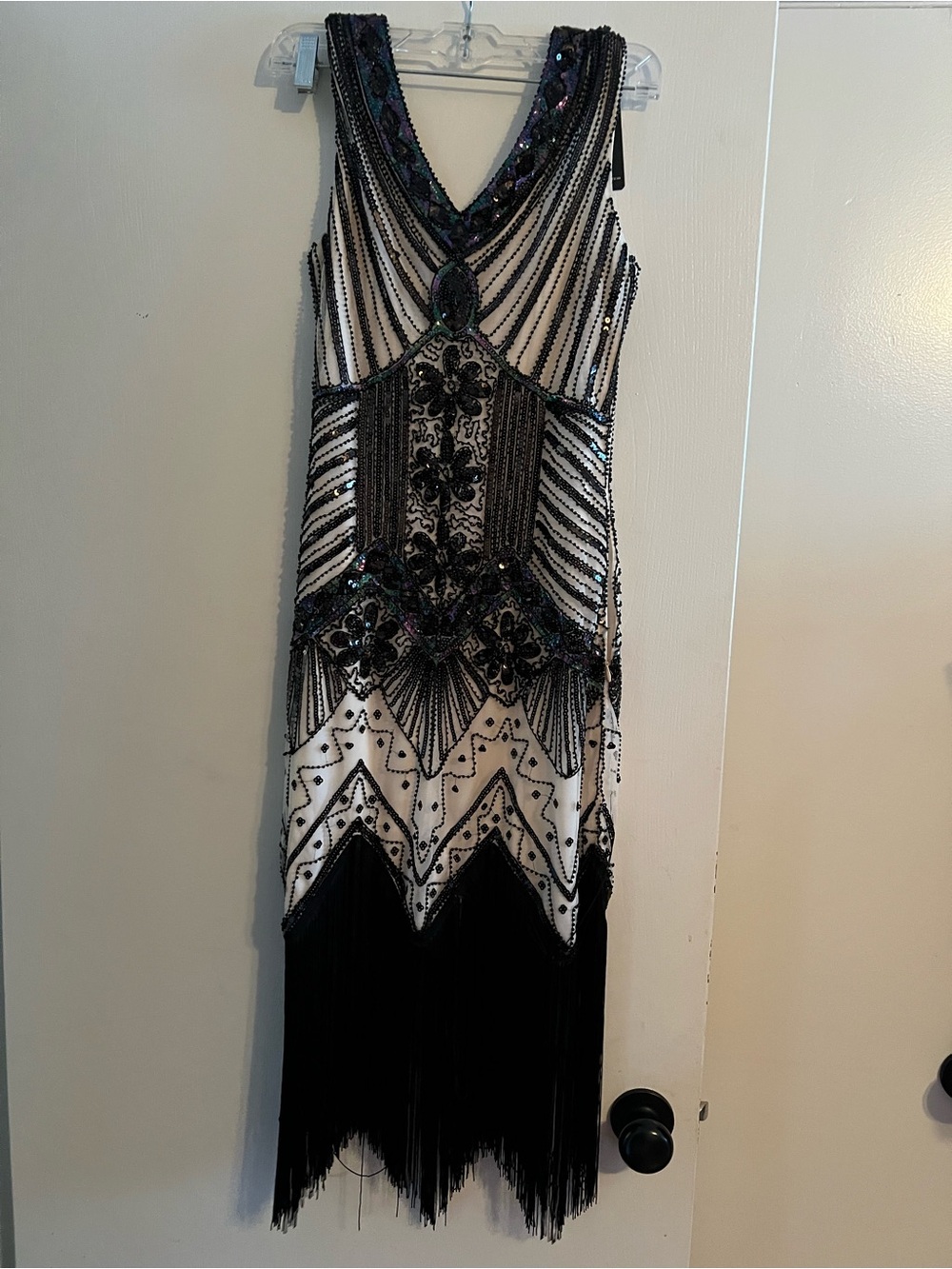 Repro flapper dress Beaded Black and White Fringe Evening Dress NWT